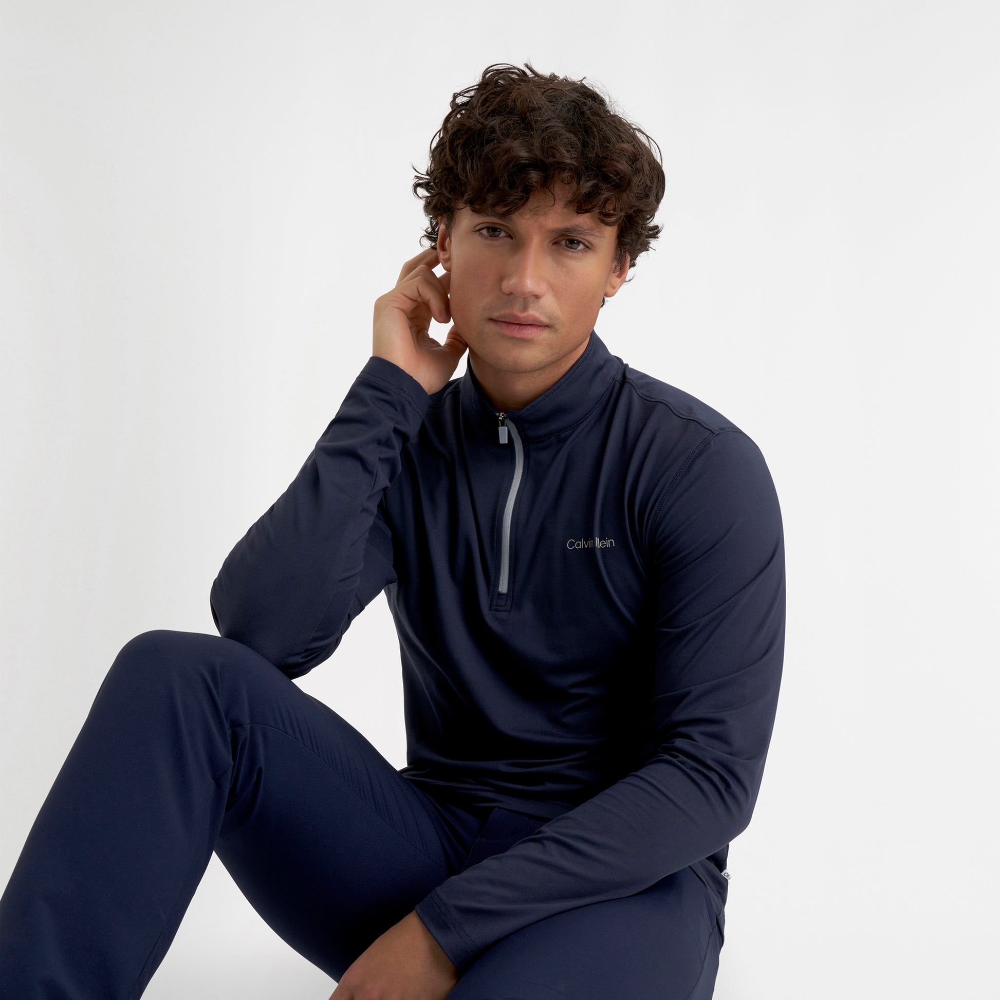 Calvin Klein Technical Zip-Neck Top in Navy