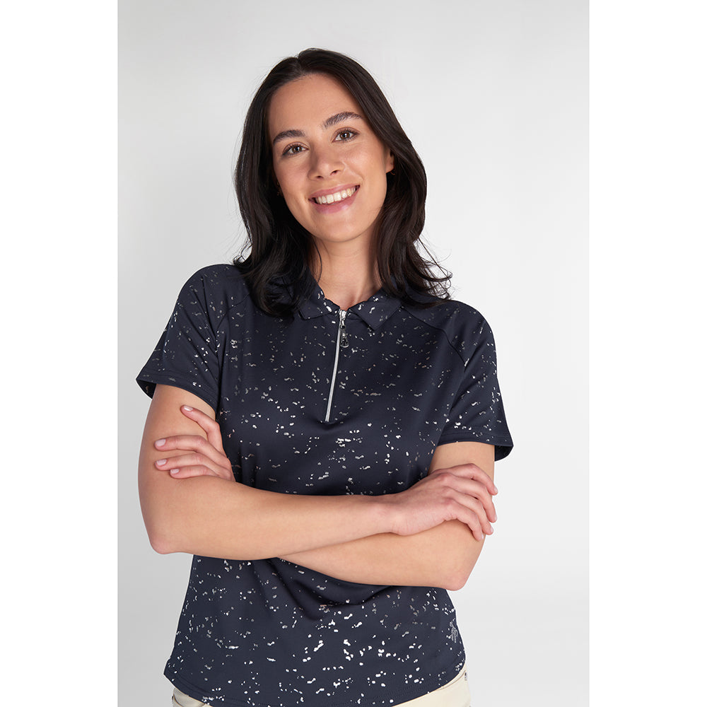 Green Lamb Ladies Zip-Neck Silver Foil Polo in Navy