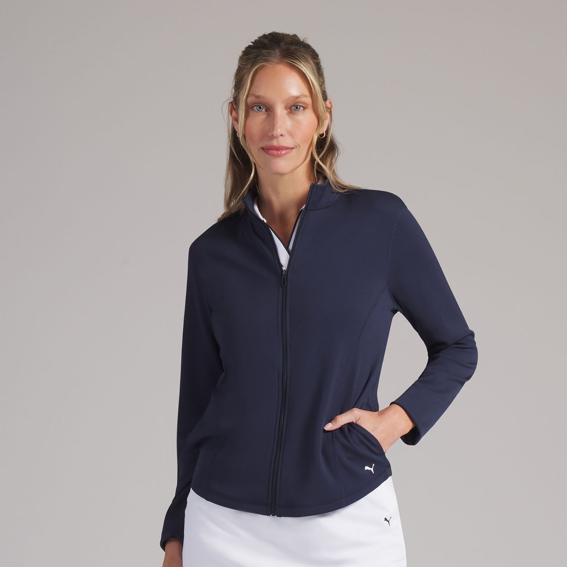 Puma Golf Ladies Navy Full-Zip Jacket with Textured Stretch Comfort for Effortless Movement