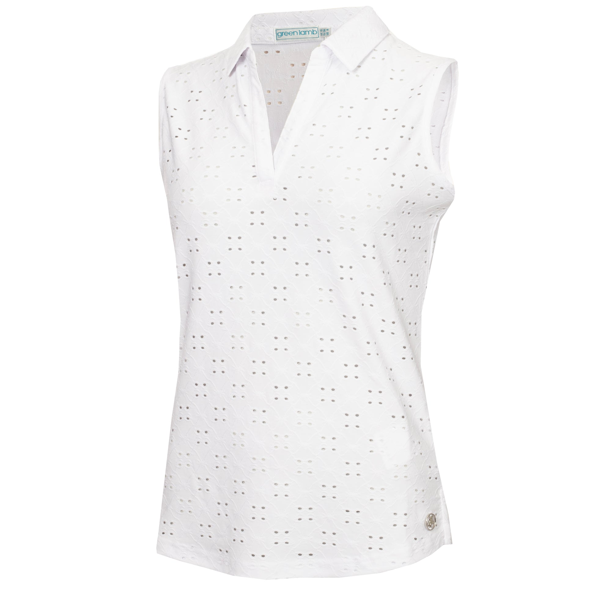 Green Lamb Ladies Sleeveless Polo with Broderie Anglaise Pattern in White