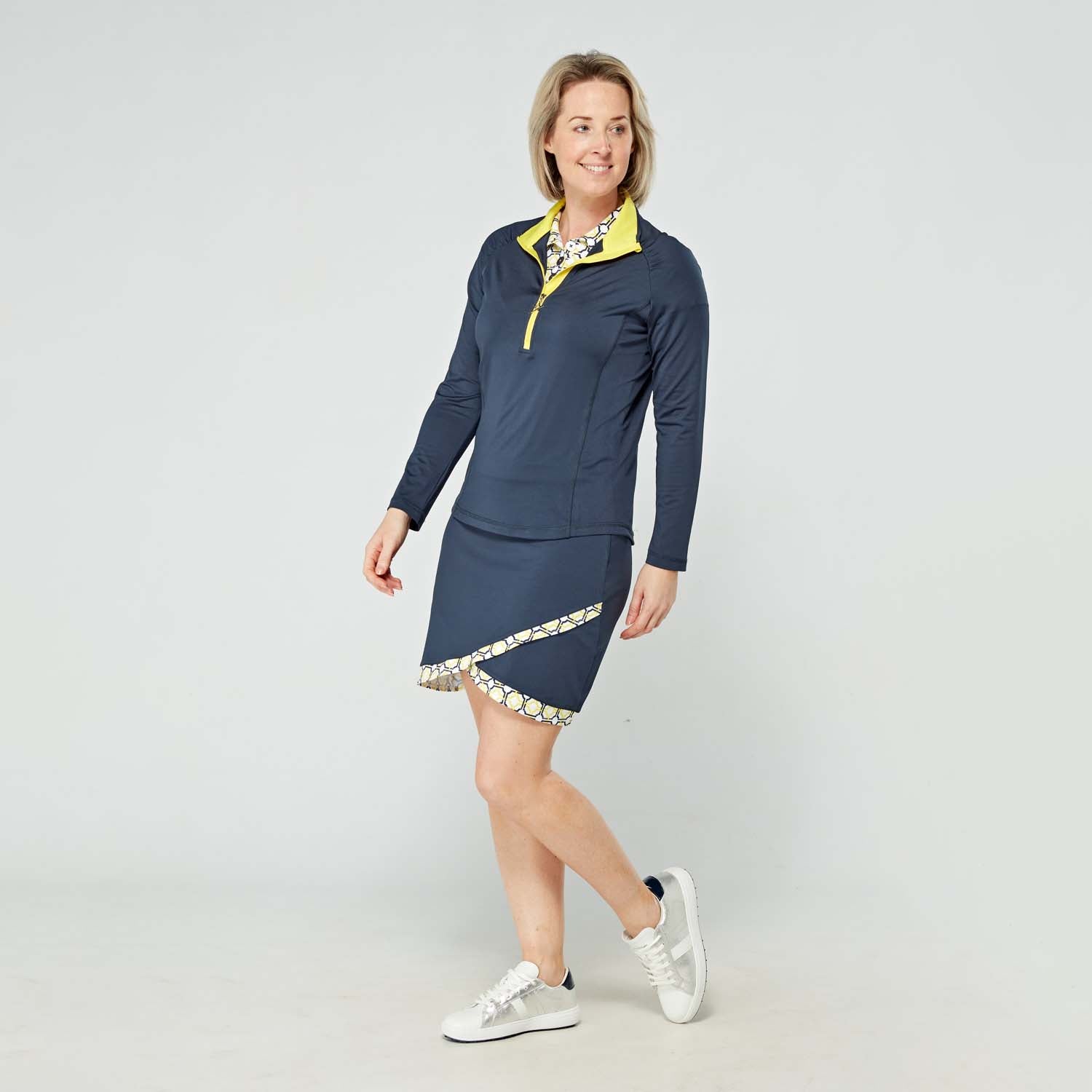 Swing Out Sister Ladies Navy Pull-On Scalloped Skort with Navy and Sunshine Trim