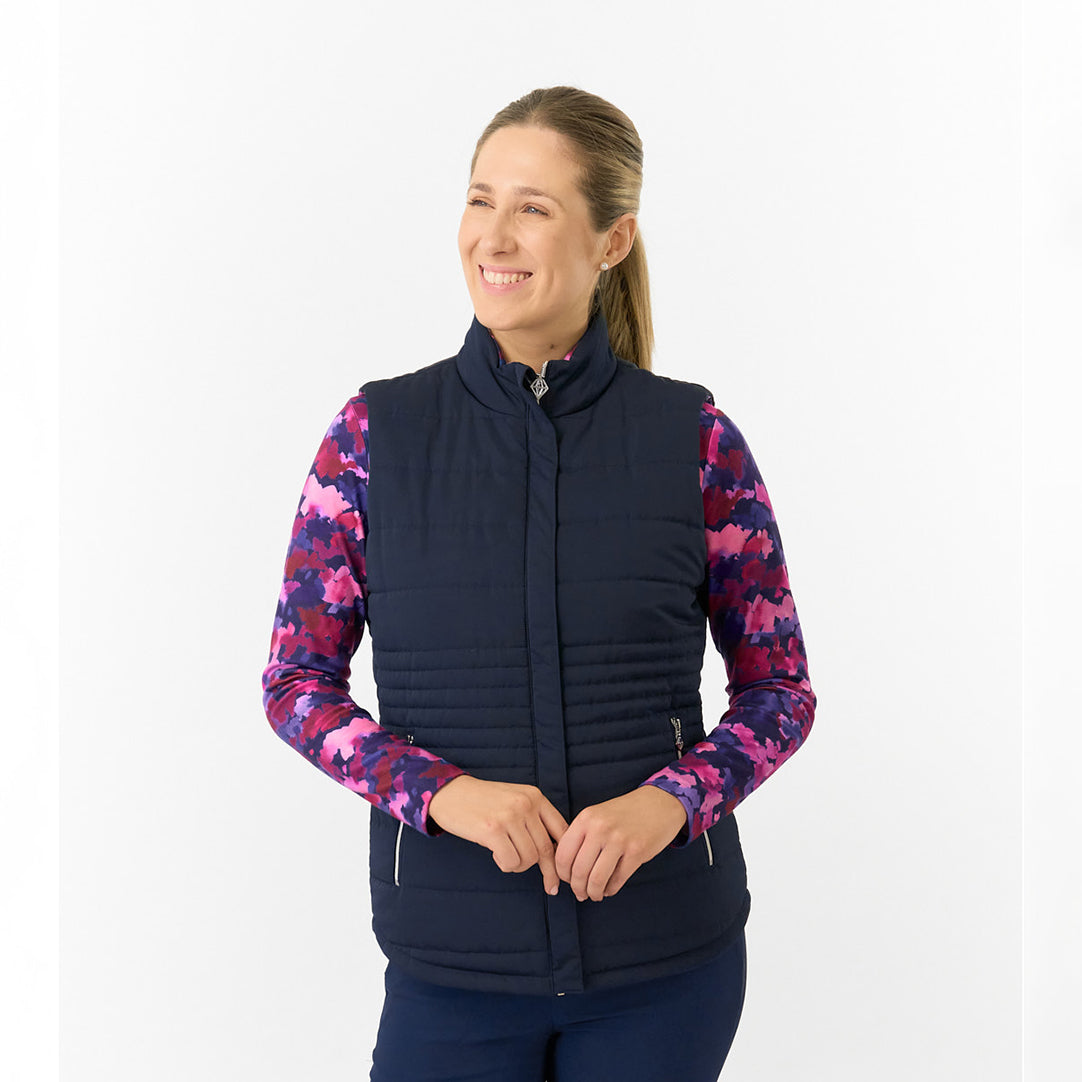 Pure Golf Ladies Reversible Gilet in Navy & Abstract Watercolour Print