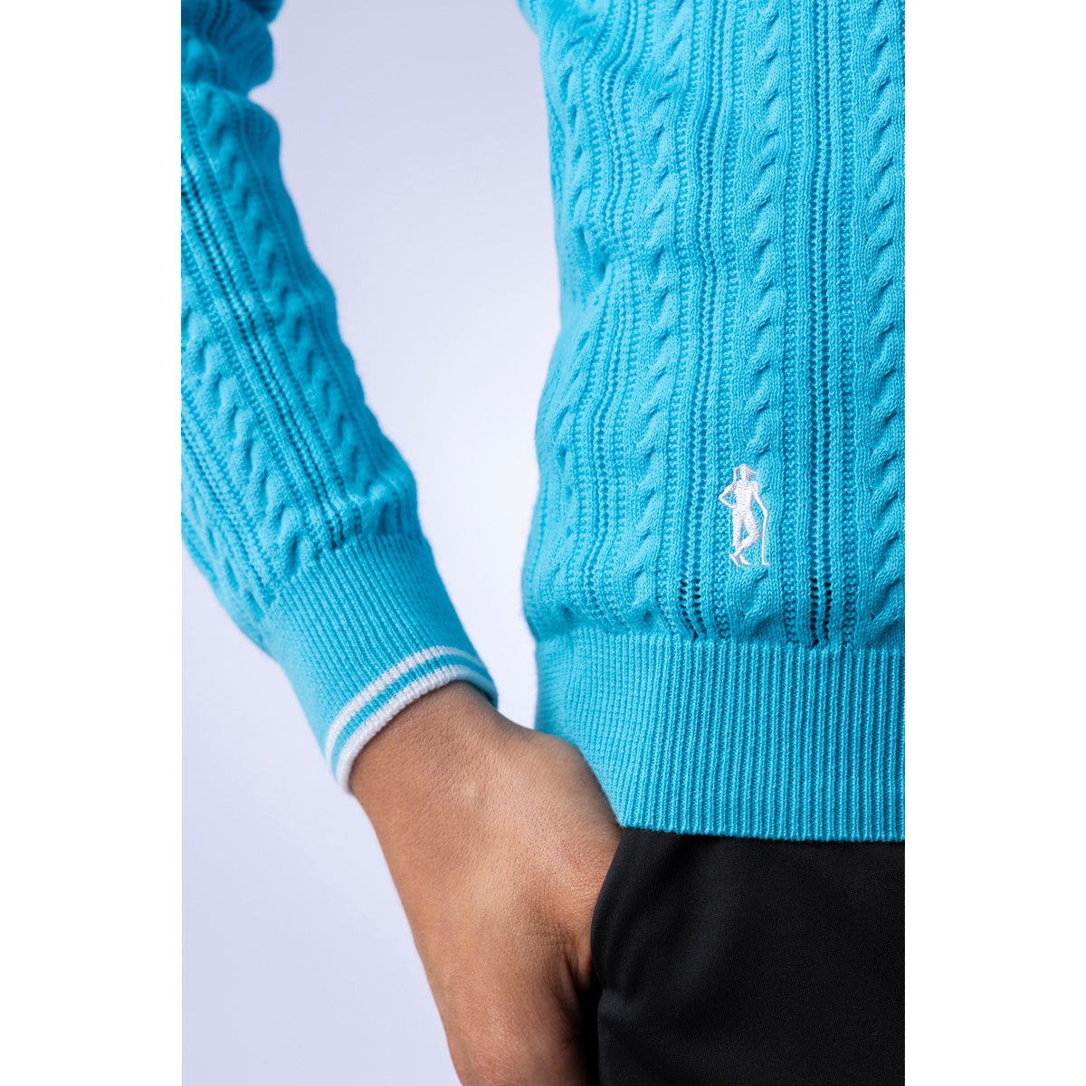 Glenmuir Ladies Cable Knit Sweater in Aqua & White