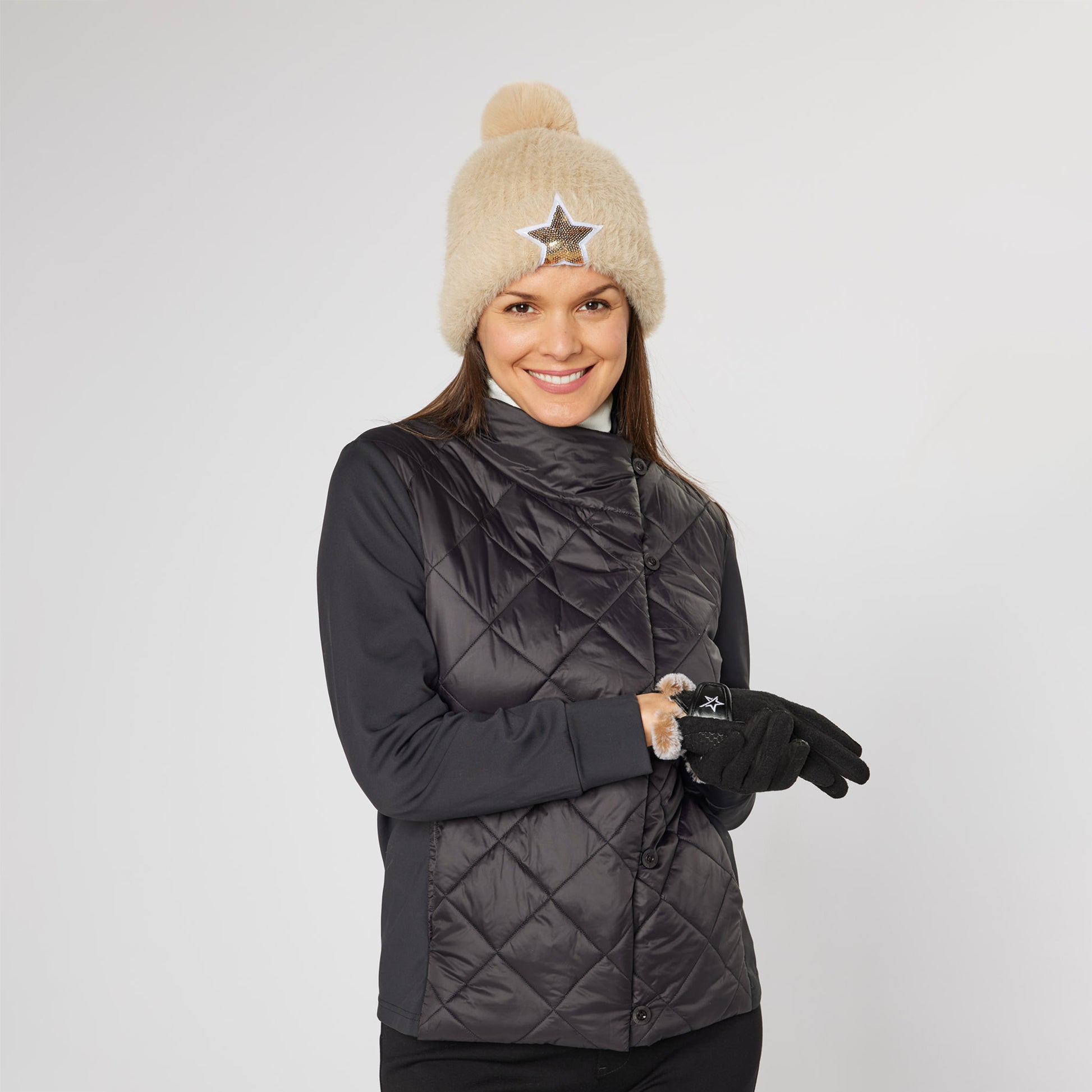 Swing Out Sister Ladies Quilted Hybrid Jacket with Lightweight Insulation in Black