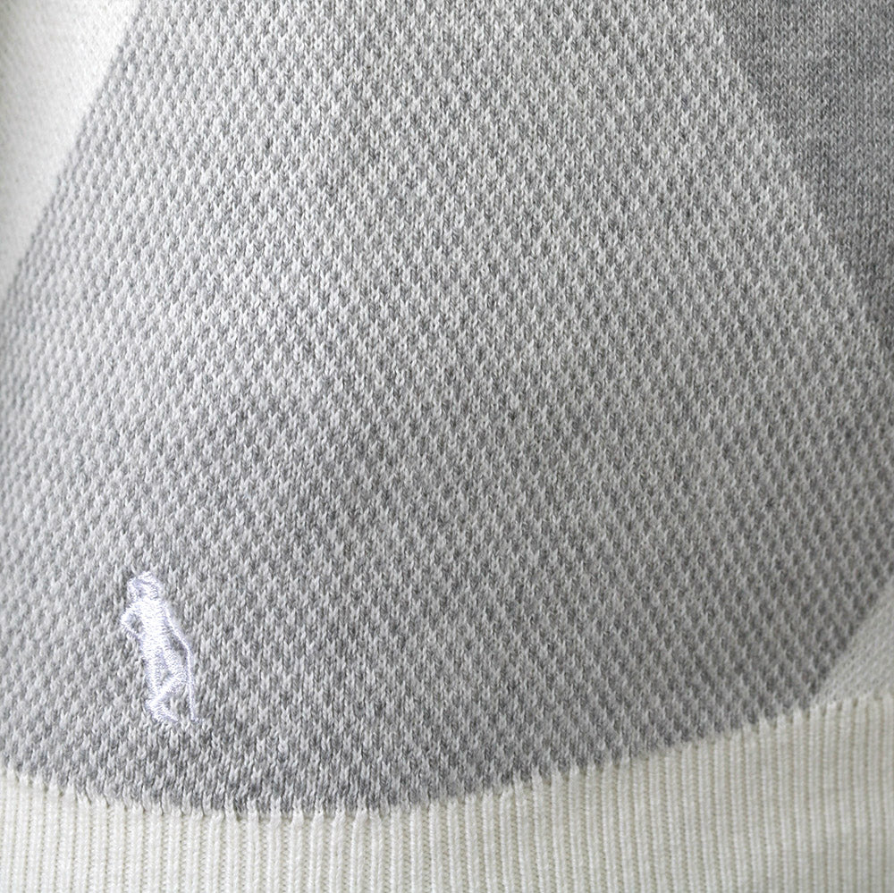 Diamond Argyle Zip-Neck Sweater with Cashmere in White & Light Grey Marl
