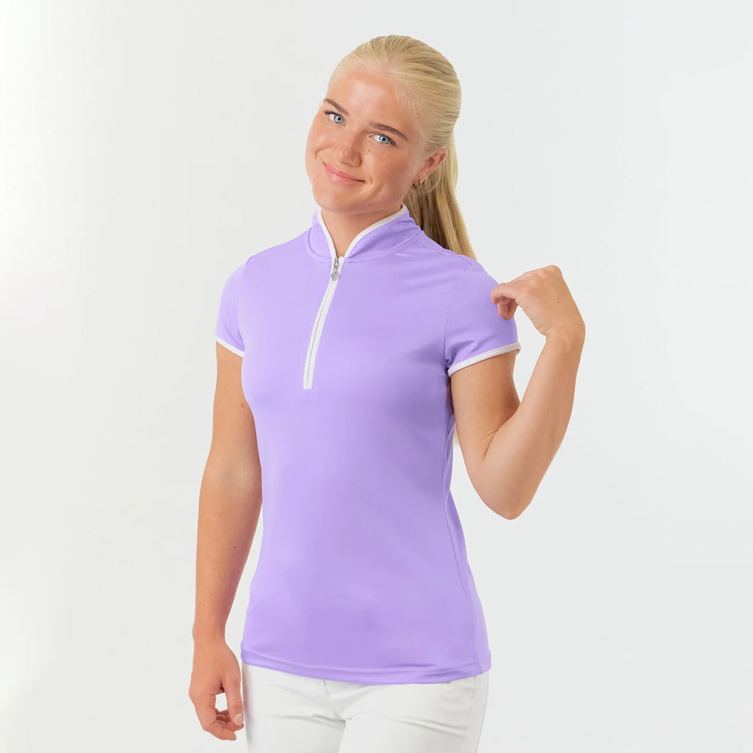 Pure Golf Ladies Cap Sleeve Mandarin Polo Shirt in Lilac