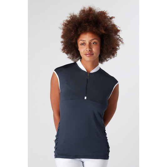 Swing Out Sister Ladies Cap Sleeve Polo with Ruched detail in Navy Blazer
