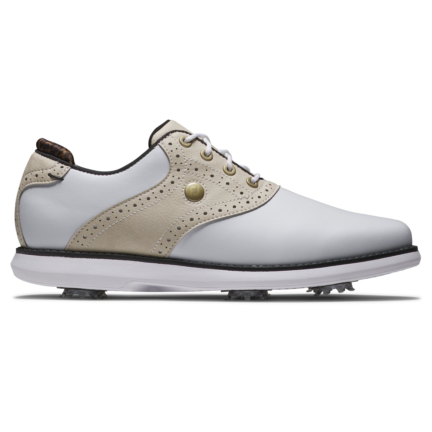 FootJoy Ladies Traditions Wide Fit Waterproof Golf Shoe in White & Tan with SoftSpikes