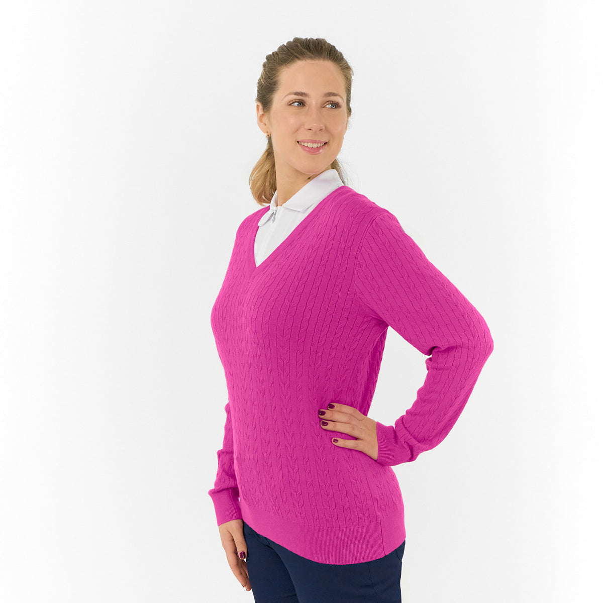 Pure Ladies Cable Knit V-Neck Golf Sweater