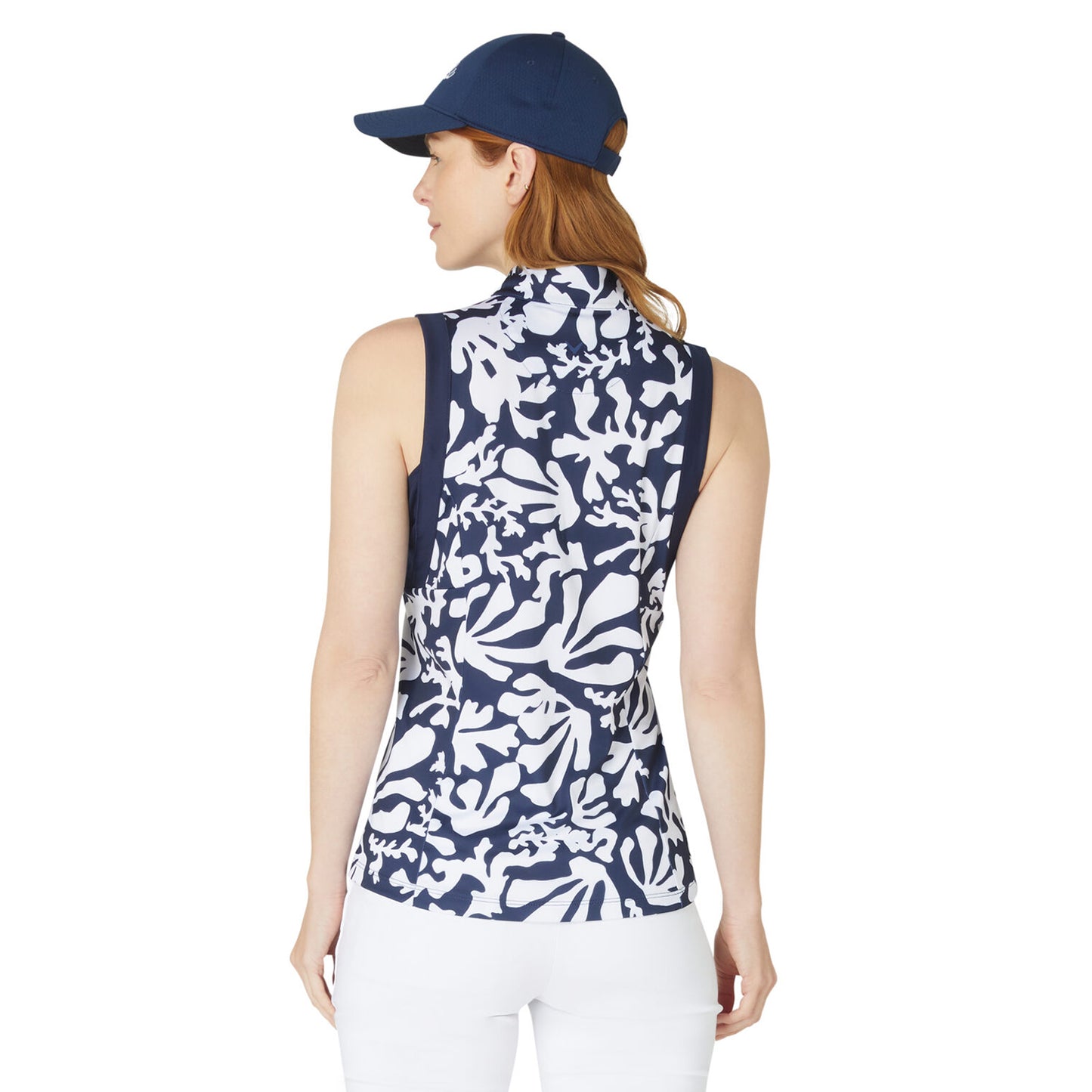 Callaway Womens Navy Abstract Floral Print Sleeveless Golf Polo 