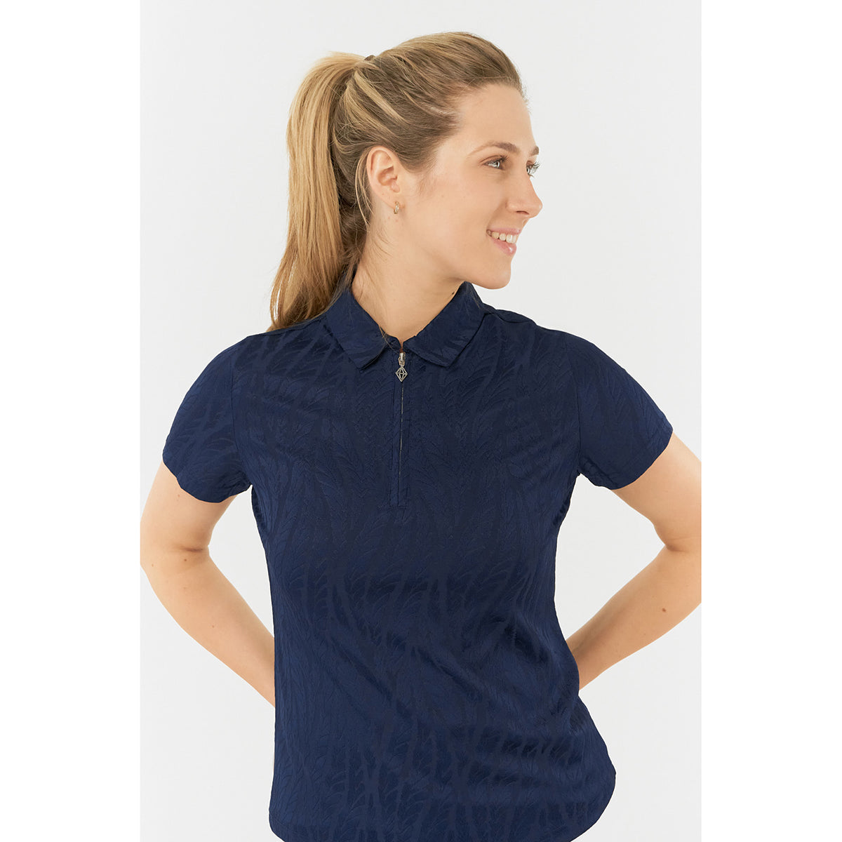 Pure Golf Ladies Jacquard Fern Print Polo in Navy