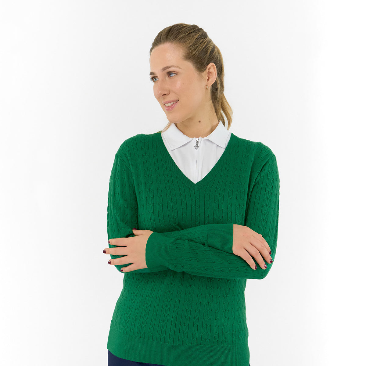 Pure Ladies Cable Knit V-Neck Golf Sweater