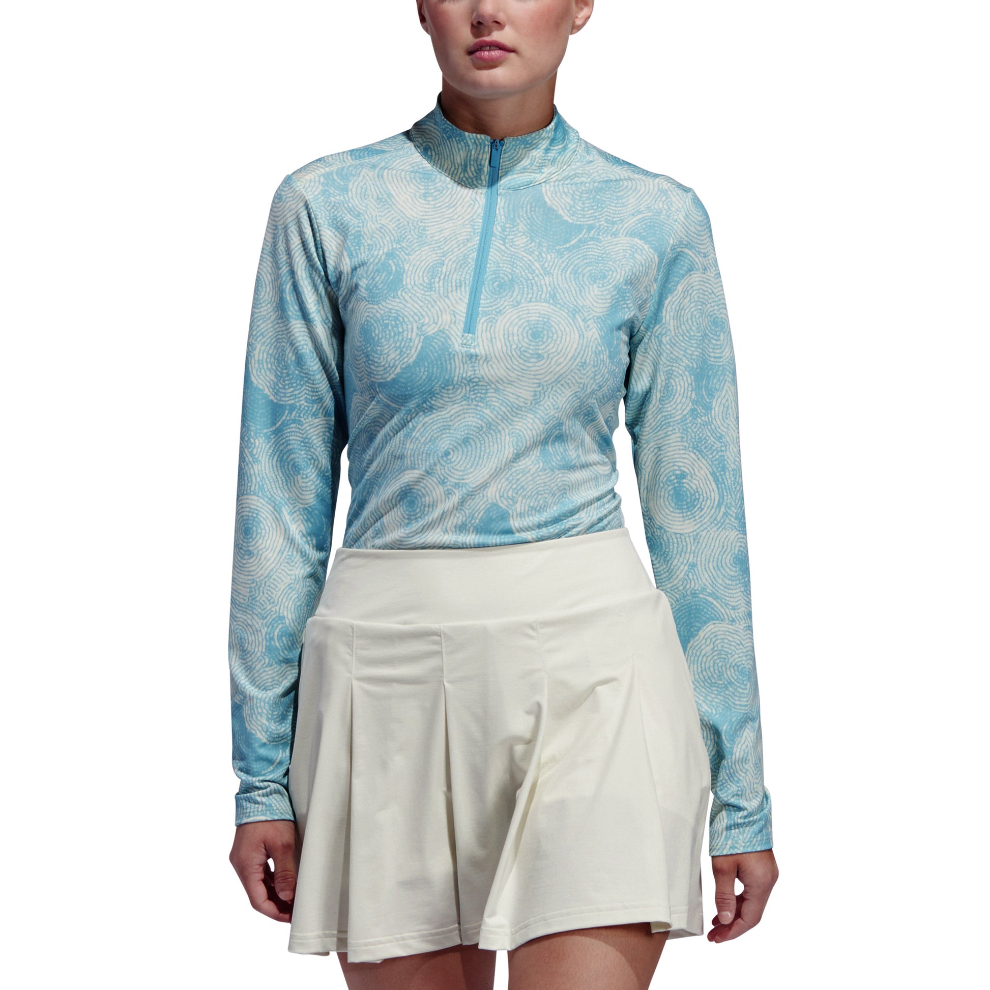 adidas Ladies Long Sleeve Golf Top with Tie-Dye Print in Semi Burst Blue