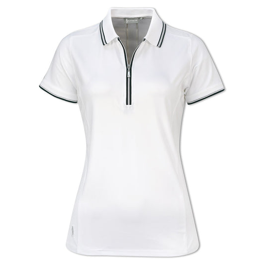 Glenmuir Ladies Short Sleeve Zip-Neck Polo in White & Navy with UPF50