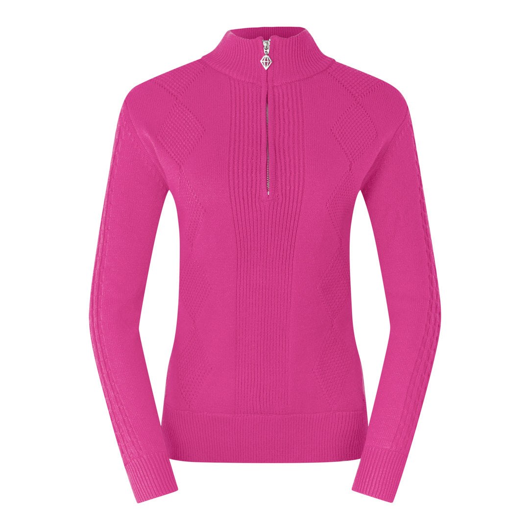 Pure Ladies Cable Knit Lined Quarter Zip Sweater in Pink Topaz