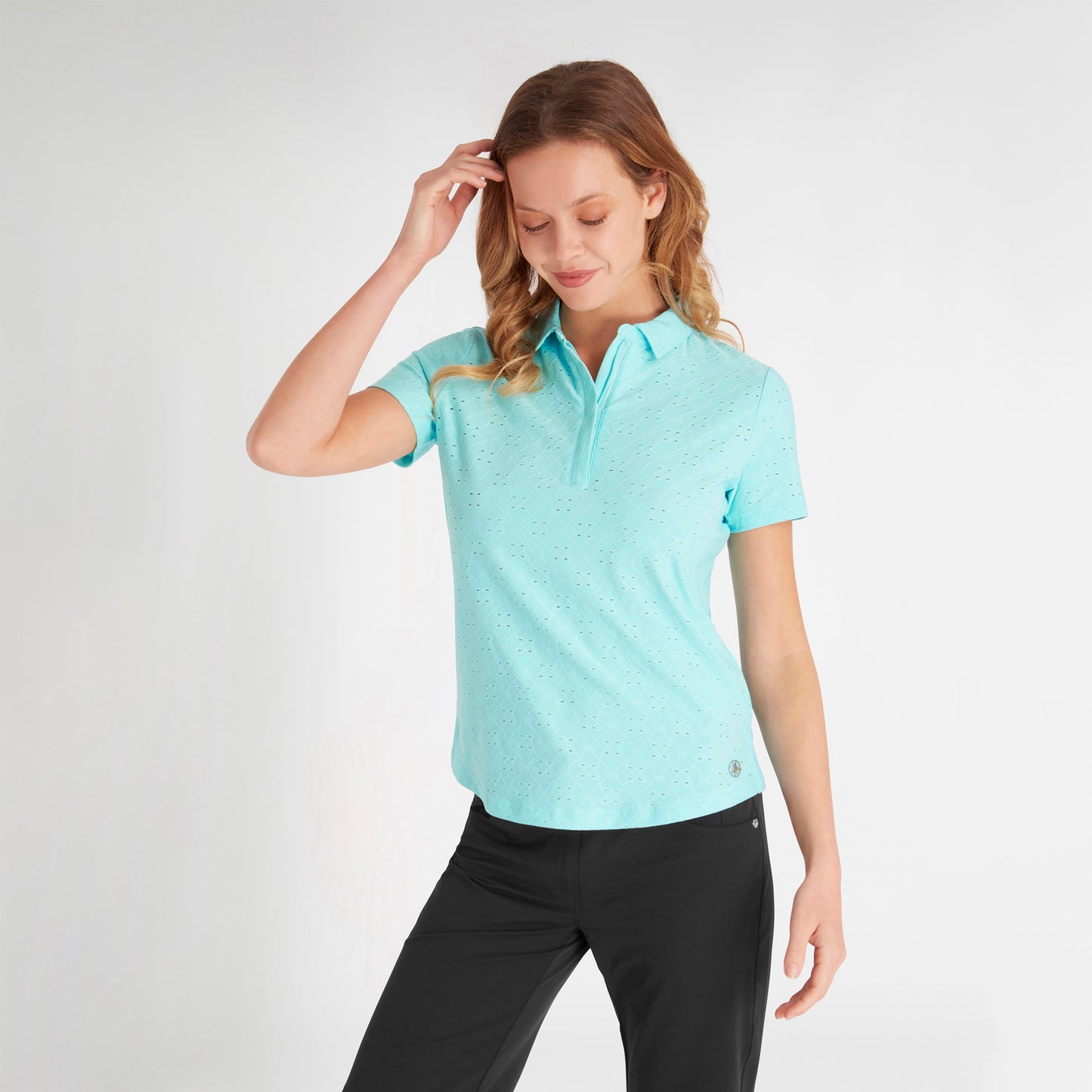 Green Lamb Women's Broderie Anglaise Pattern Polo in Aqua