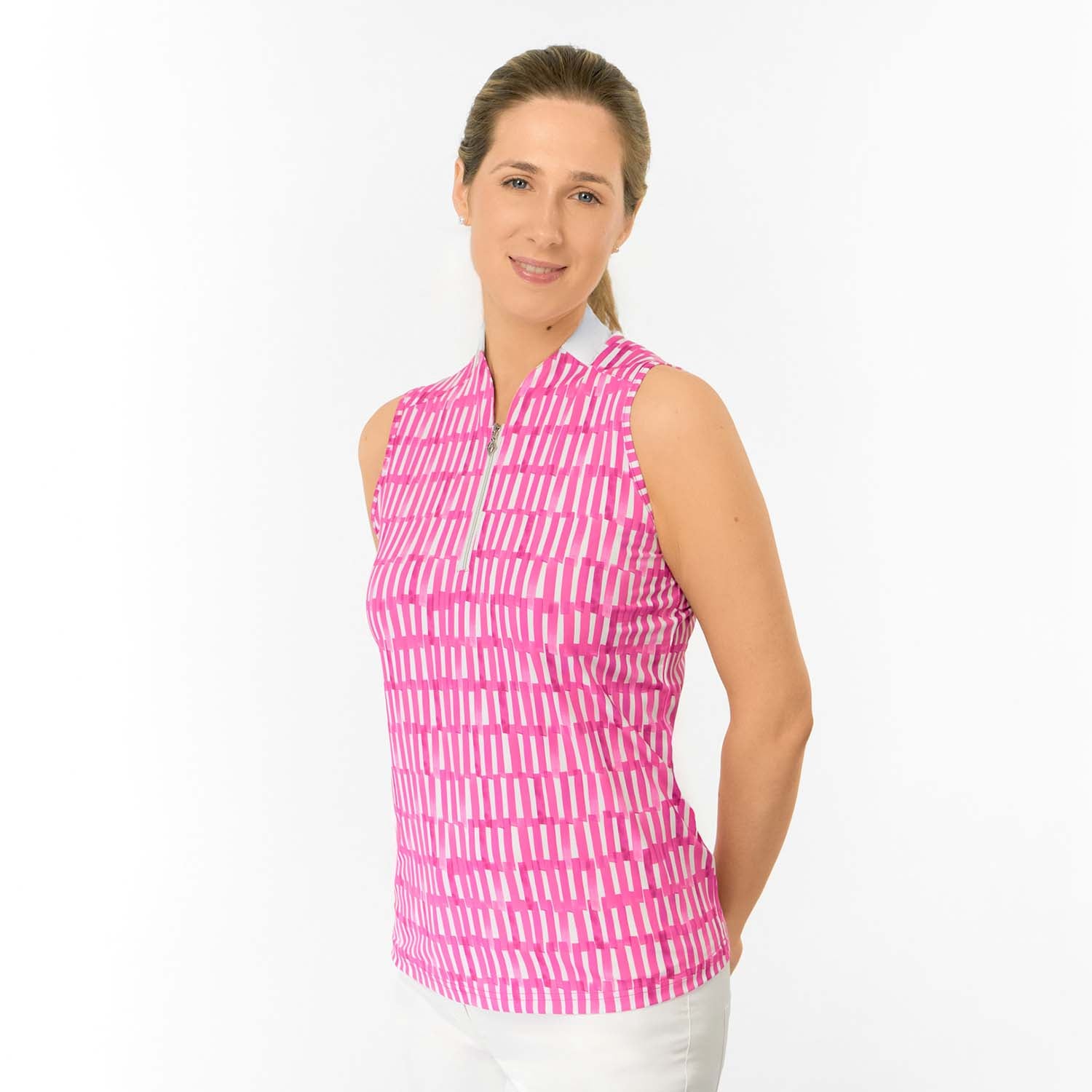 Pure Golf Ladies Sleeveless Polo with Geometric Lattice Print for Fresh Fairway Style