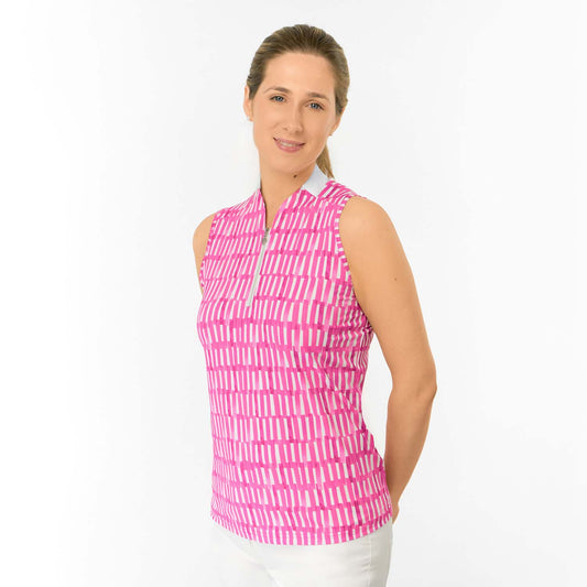 Pure Golf Ladies Sleeveless Polo with Geometric Lattice Print for Fresh Fairway Style