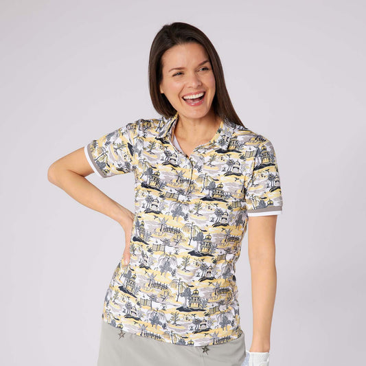 Swing Out Sister Ladies Ultra-Soft Short Sleeve Polo with Head Turning Print for All Day Style & Comfort
