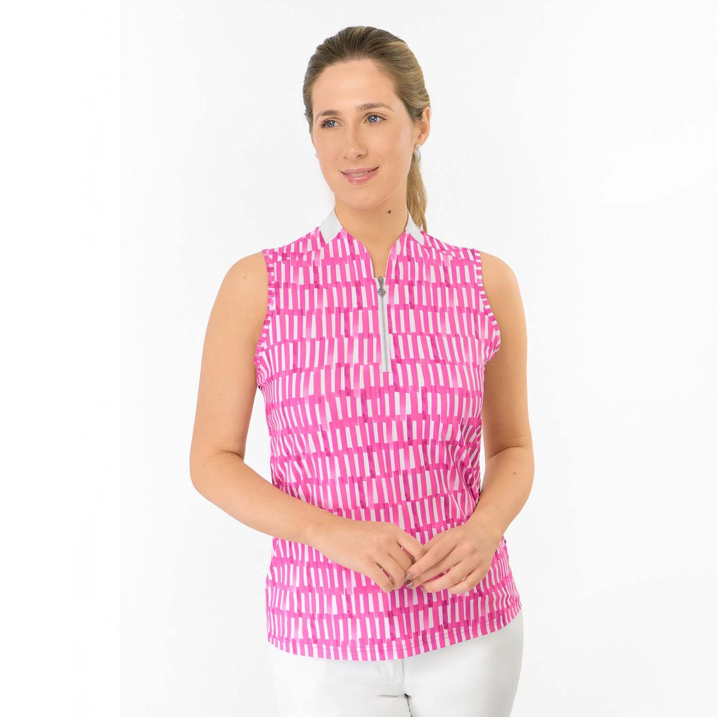 Pure Golf Ladies Sleeveless Polo with Geometric Lattice Print for Fresh Fairway Style