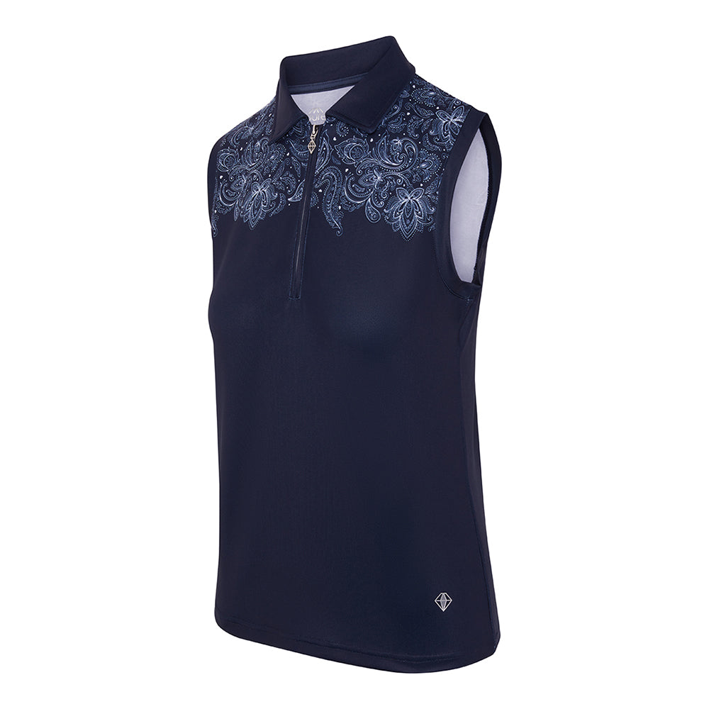 Pure Golf Ladies Sleeveless Zip-Neck Polo in Navy & Paisley Print - XS Only Left