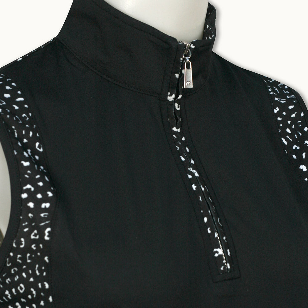 Glenmuir Ladies Sleeveless Polo with Contrast Print Panels in Black/White Animal Print