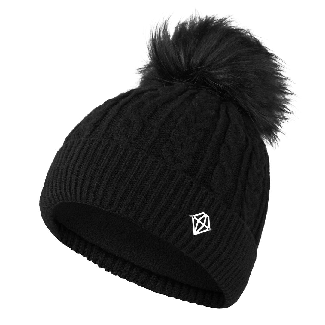 Pure Golf Ladies Lined Black Waterproof Bobble Hat with Cable Knit Design