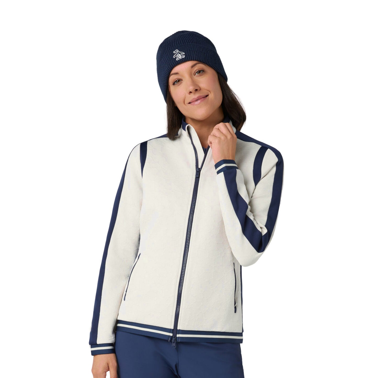 Original Penguin Ladies Floral Embossed Jersey Jacket with Navy Contour Panels