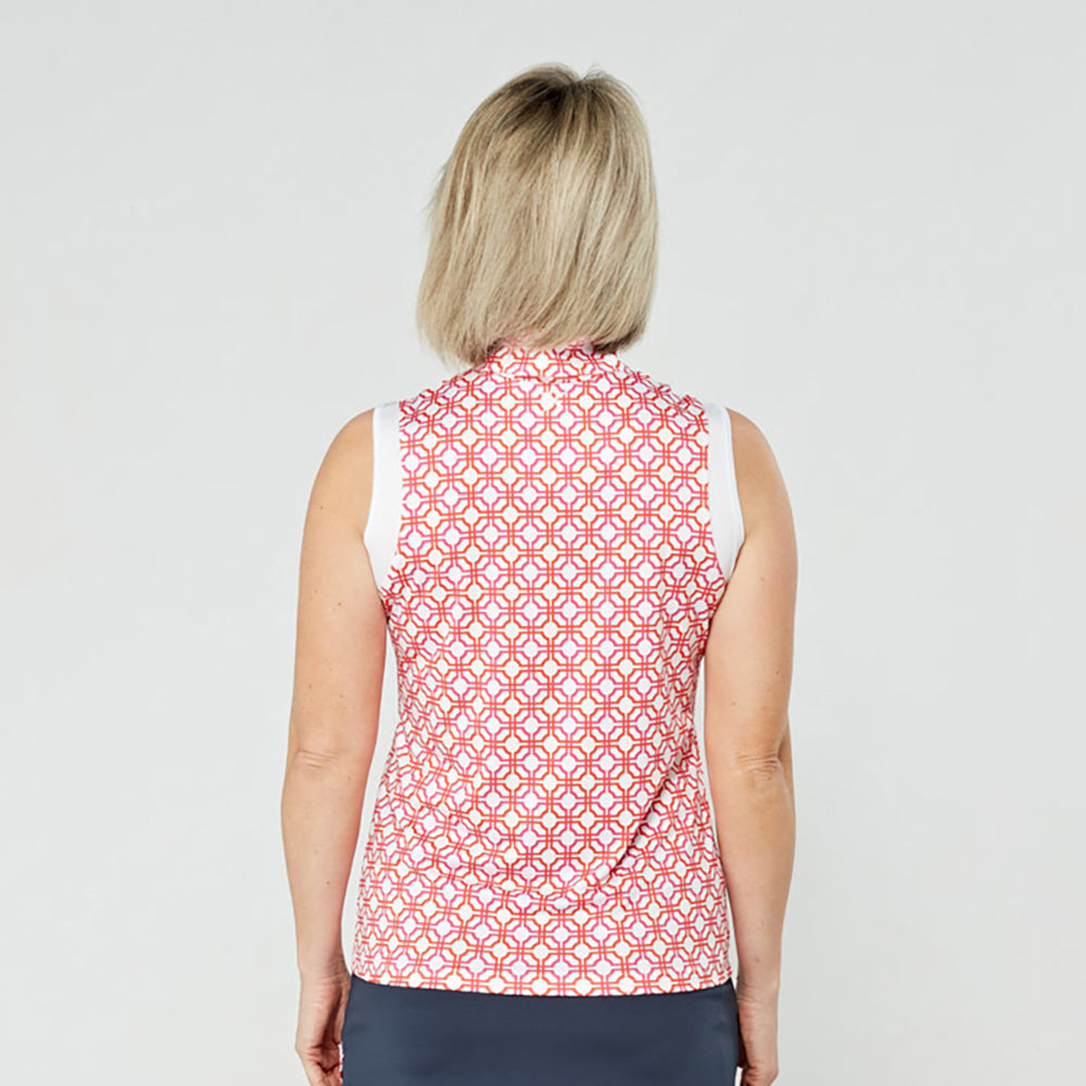 Swing Out Sister Sleeveless Zip-Neck Polo in Lush Pink and Mandarin Mosaic Print