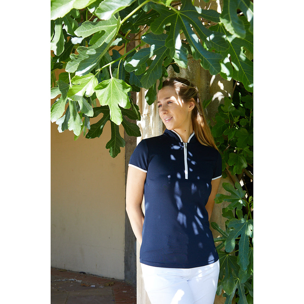 Pure Golf Ladies Cap Sleeve Mandarin Polo Shirt in Navy