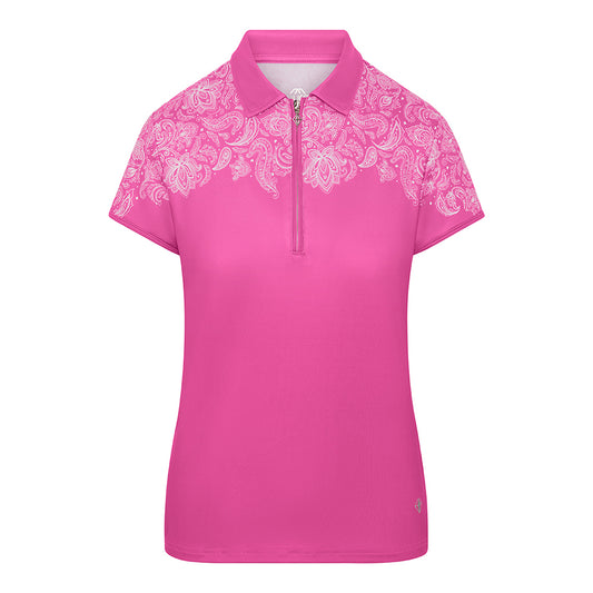 Pure Golf Ladies Cap Sleeve Zip Neck Polo in Azalea Pink & Paisley Print