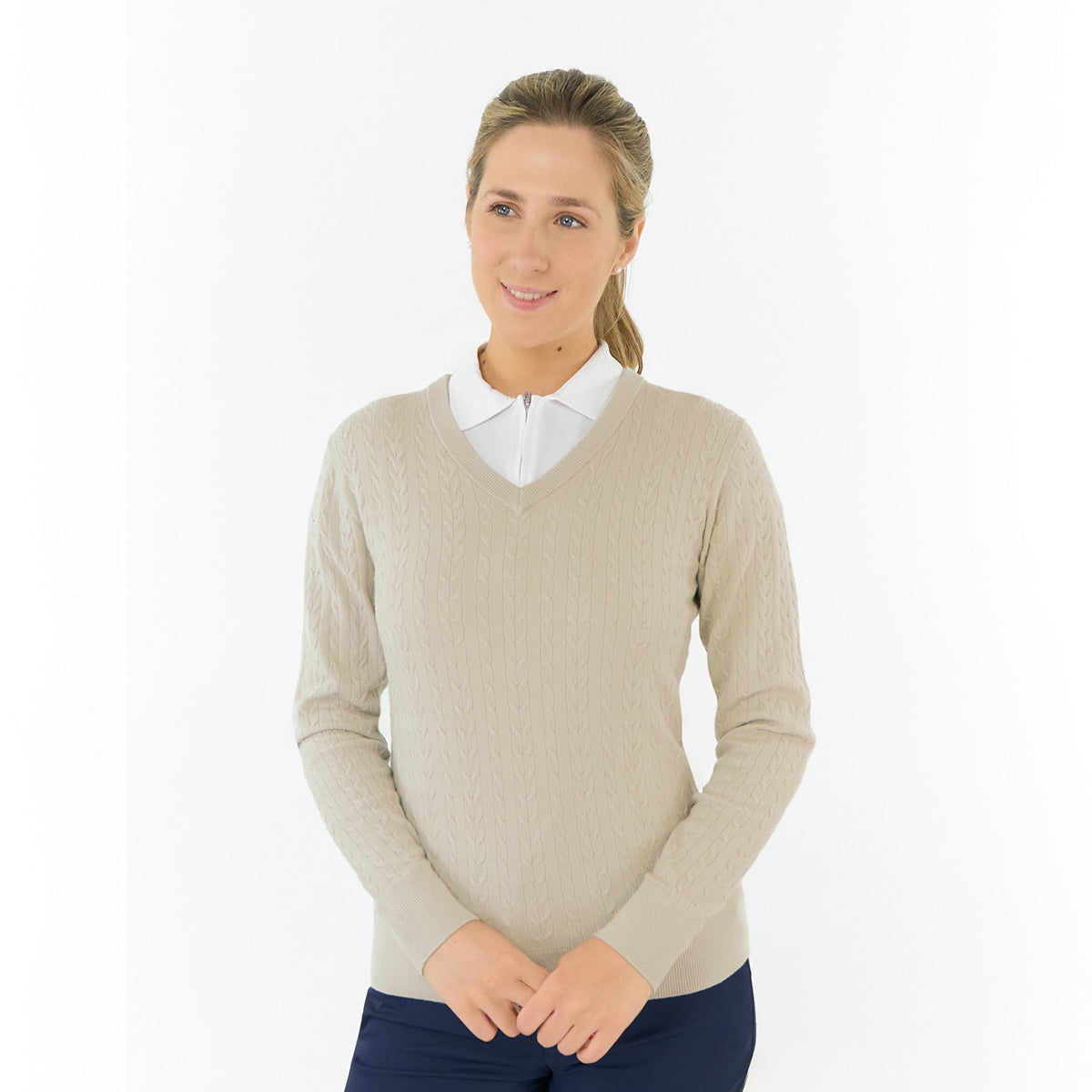 Pure Ladies Cable Knit V-Neck Golf Sweater – Classic Elegance for Confident Play