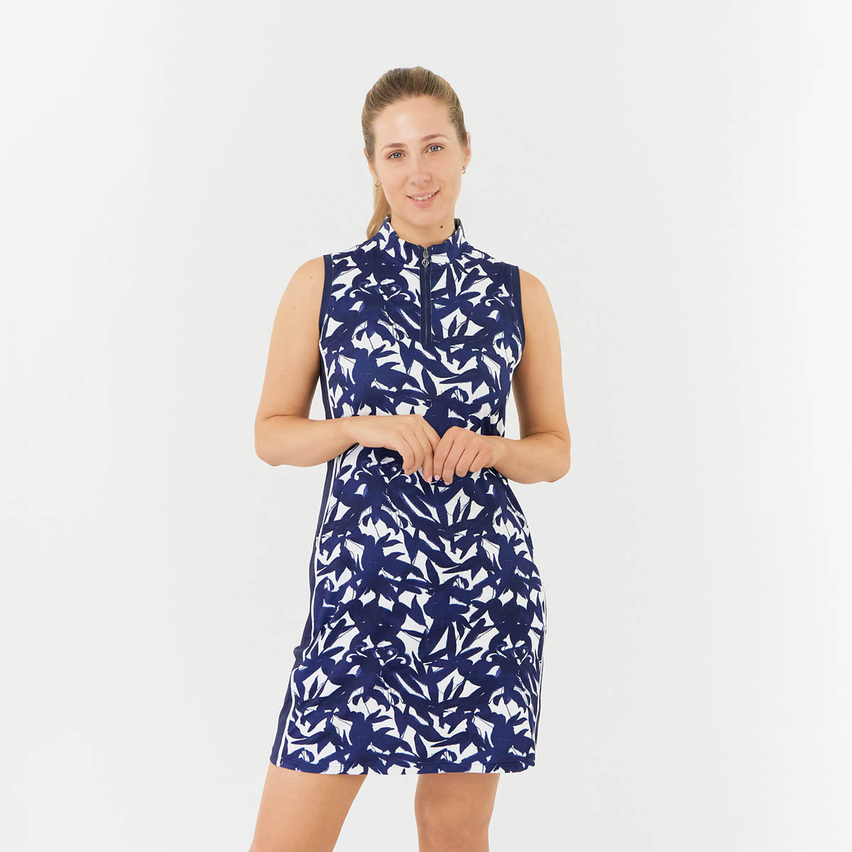 Pure Golf Sleeveless Dress in Navy Botanical Print