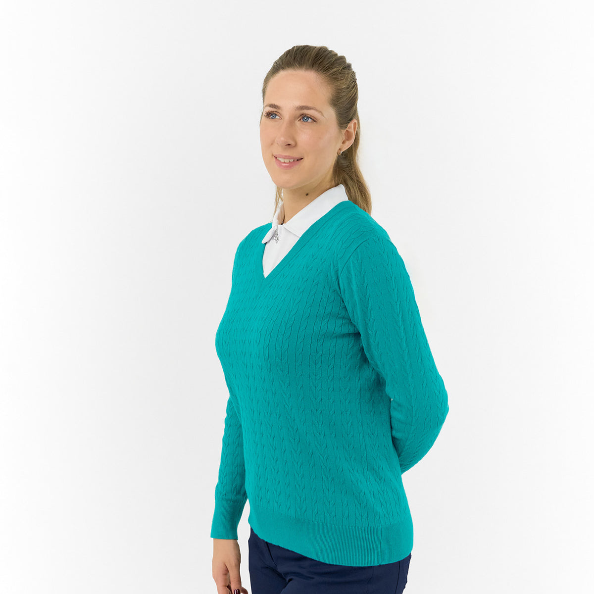 Pure Ladies Cable Knit V-Neck Golf Sweater