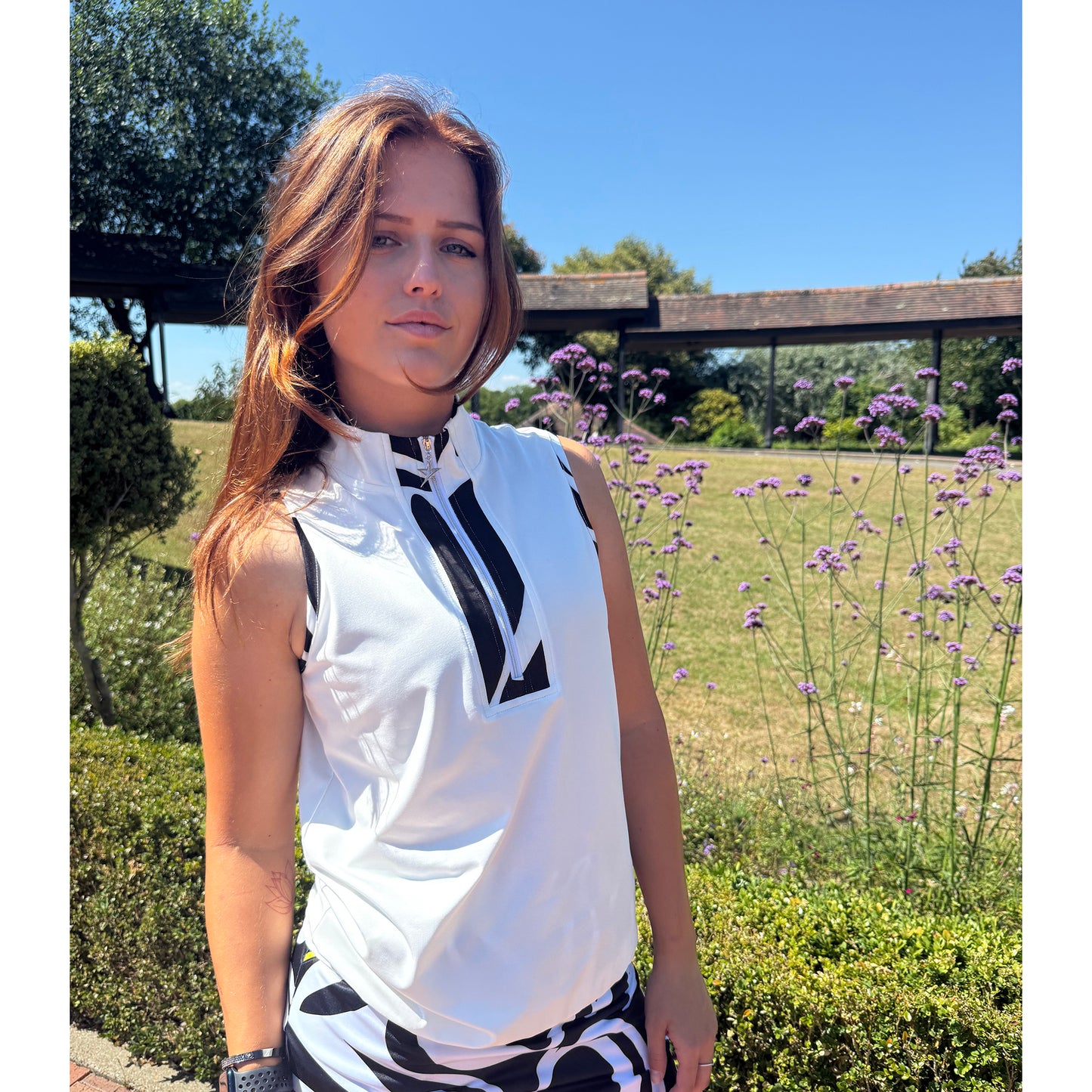 Swing Out Sister Ladies Zip-Neck Sleeveless Polo with Contrast Trim