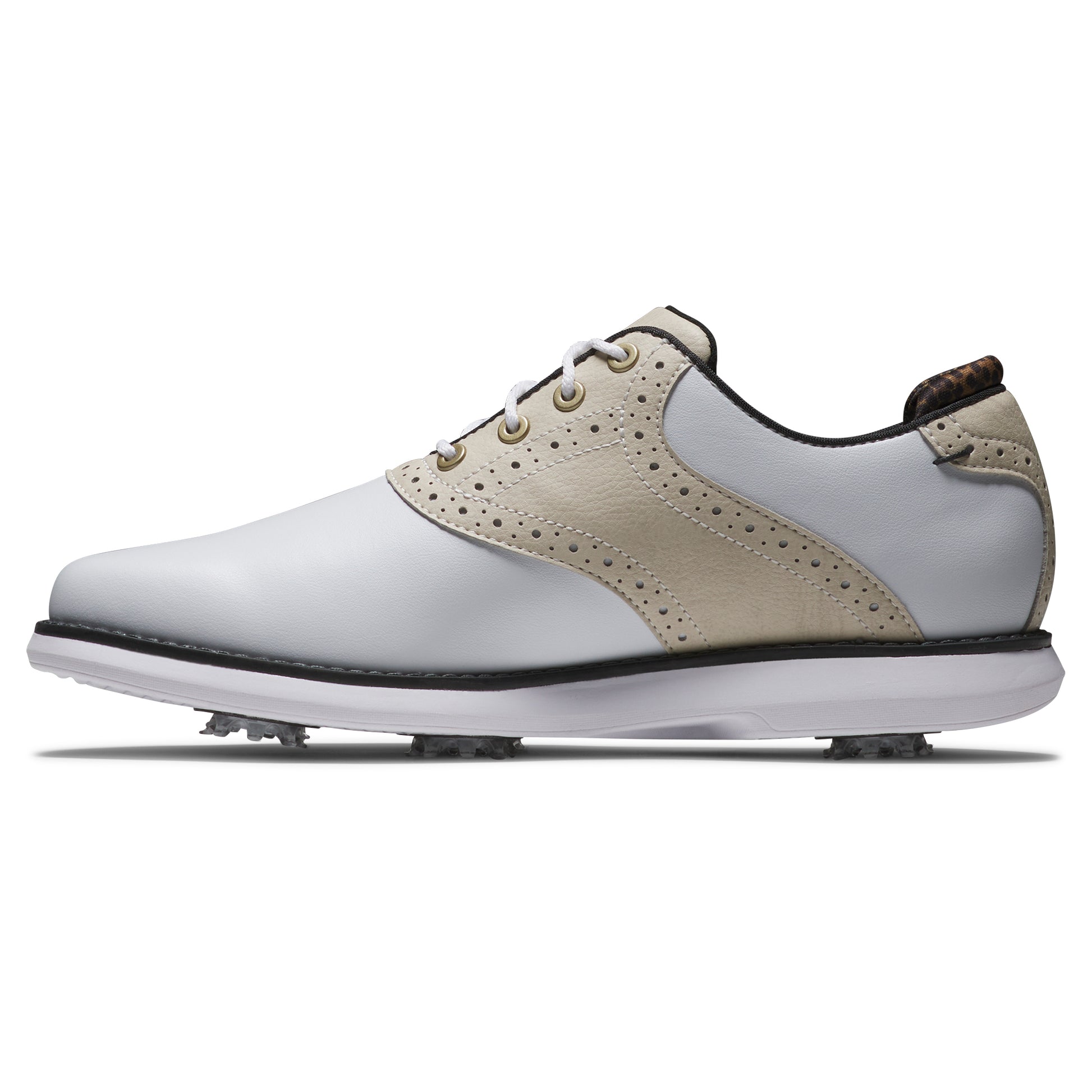 FootJoy Ladies Traditions Wide Fit Waterproof Golf Shoe in White & Tan with SoftSpikes