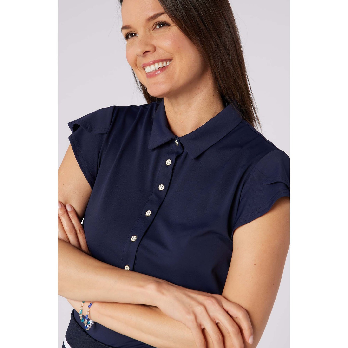 Swing Out Sister Ladies Fluted Sleeve Navy Polo for Elegant Flair On & Off The Course