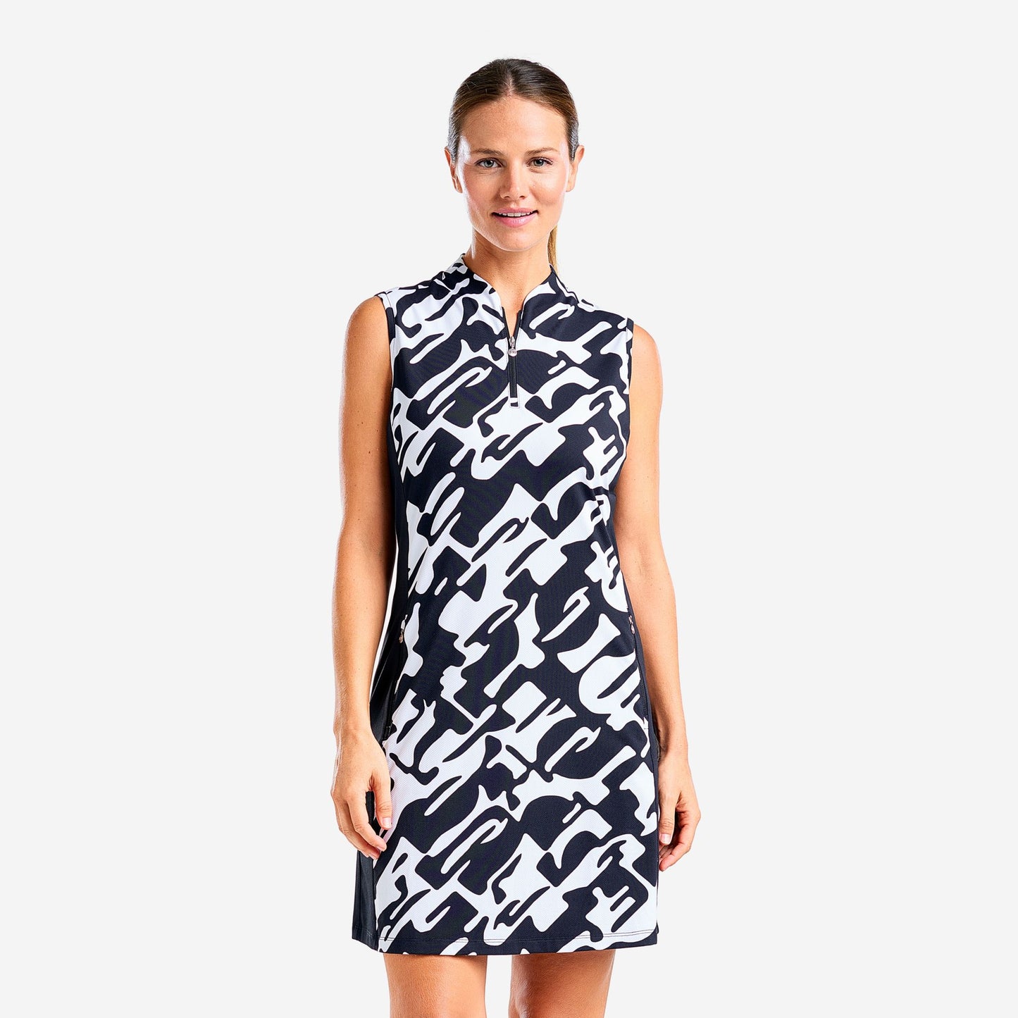 Nivo Ladies Sleeveless LivCool Dress in Black & White Abstract Print