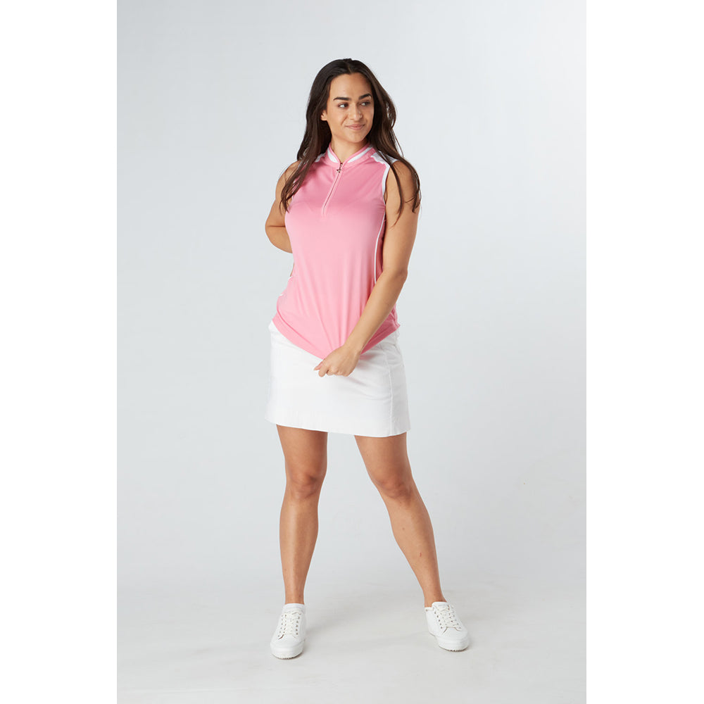 Swing Out Sister Zip-Neck Sleeveless Polo in Pink Glo and White