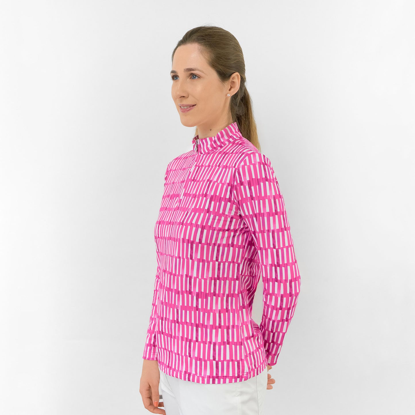 Pure Ladies Long Sleeve Top in Geometric Stripe Lattice for Effortless Style & All-Day Comfort