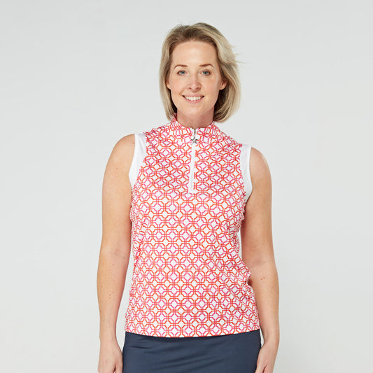 Swing Out Sister Sleeveless Zip-Neck Polo in Lush Pink and Mandarin Mosaic Print
