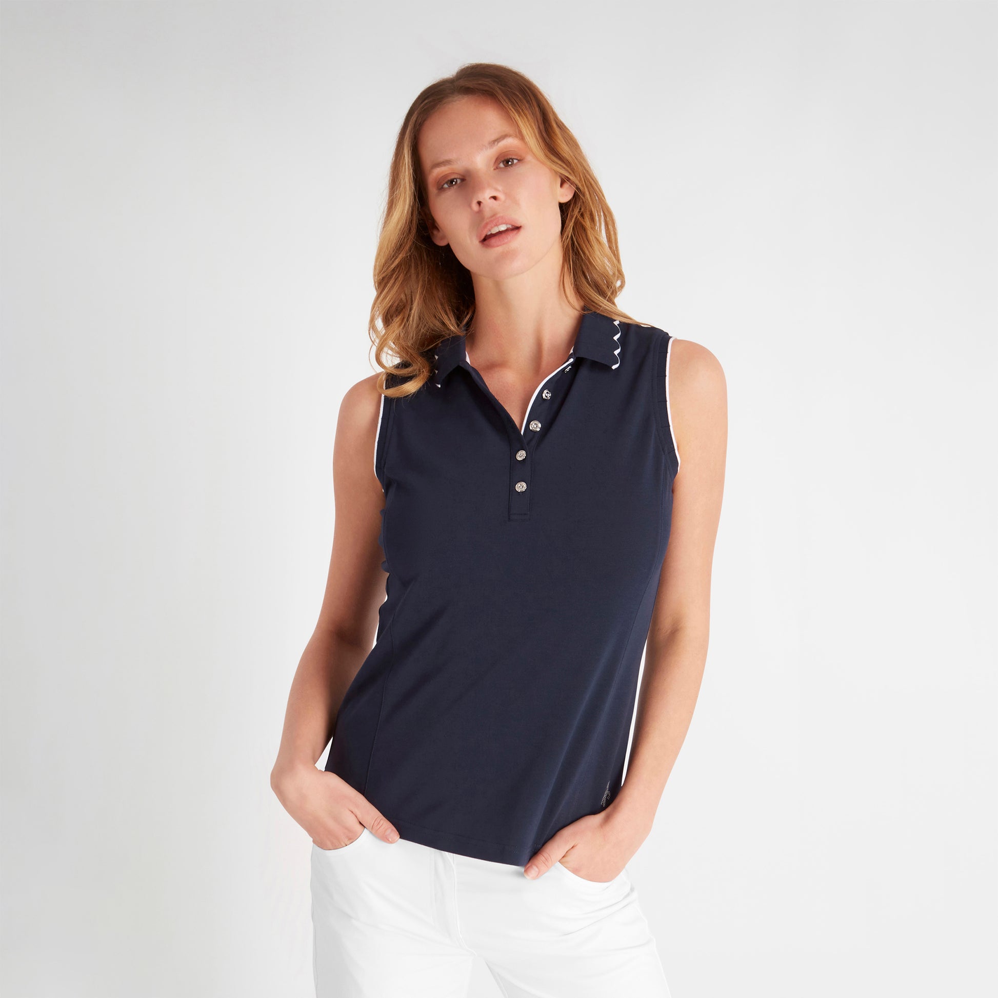 Green Lamb Ladies Sleeveless Polo with Scalloped Collar in Navy