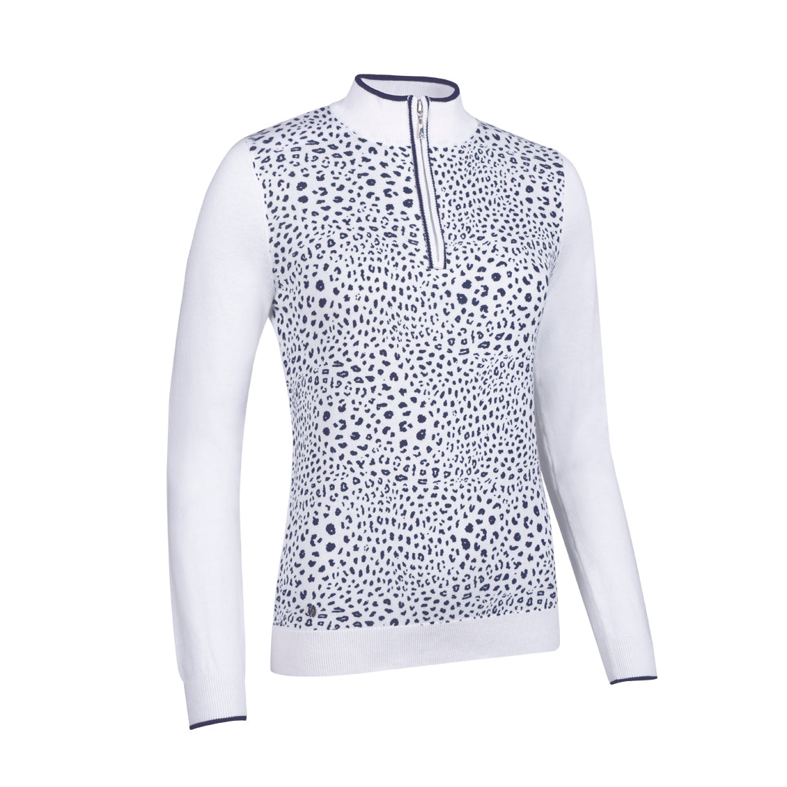 Glenmuir Ladies Long Sleeve Cotton Sweater with Animal Print Detail in White/Navy