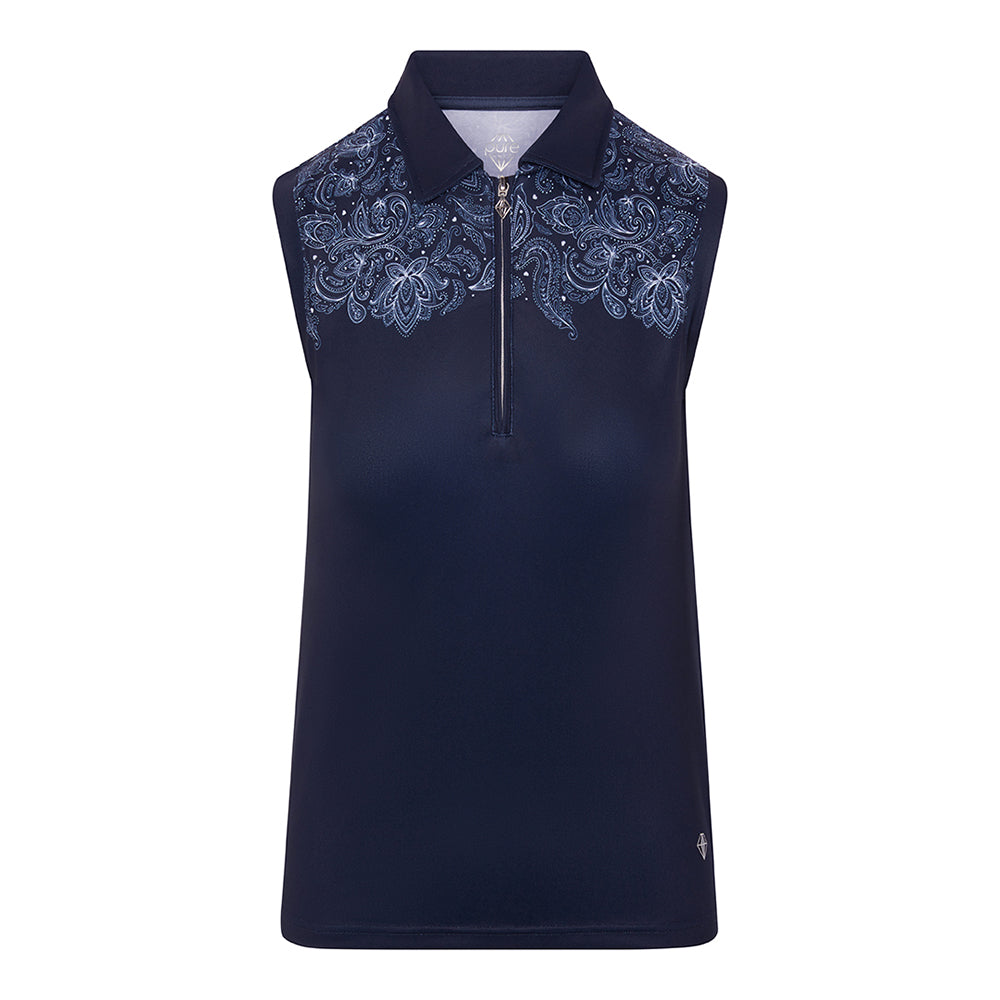 Pure Golf Ladies Sleeveless Zip-Neck Polo in Navy & Paisley Print - XS Only Left
